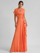 abordables JAUNE-Robe de cocktail jaune élégante en crêpe extensible à volants froncés, longueur au sol, manches 3/4, col en V, pour invité de mariage, 2025