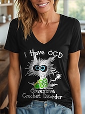 abordables T-shirt Humor &amp; Citations-Femmes Chemisier Graphique Chat Lettre ancien Élégant Classique Manche Courte Col en V Hauts Réguliers Quotidien Sortir Tenue de plage Imprimé Noir Blanche Été Printemps