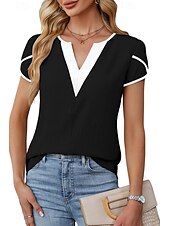 abordables Hauts Unis pour Femmes-Femmes Chemisier Bloc de Couleur Moderne Occasionnel Manche Courte Col en V Hauts Réguliers Fête Sortir Patchwork Noir Blanche Vert Abricot Été