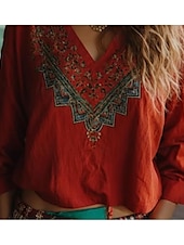 abordables Tops Boho pour Femmes-Blouse Boho Femme Graphique Florale Bohémienne Vintage Tropicale Manches 3/4 Décolleté en V Tops Réguliers Rouge Été Printemps
