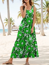 preiswerte Blumenkleider-Damen Midikleid Sommerkleid A Linie Kleid Schulterfreies Kleid Urlaub Lässig Formpassend Blumen Grafik Ärmellos U-Ausschnitt Rundausschnitt Gelb Rote Blau Purpur Sommer