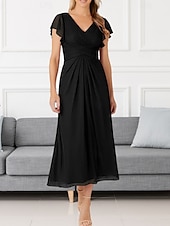 cheap Wedding Guest Dresses-A-Line Wedding Guest Dresses Elegant Dress Wedding Guest Engagement Tea Length Short Sleeve V Neck Chiffon with Pleats Ruched