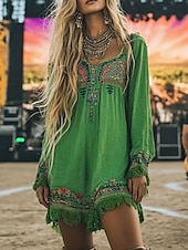 cheap Boho Dress-Women&#039;s Mini Dress Boho Dress Western Dress Fashion Modern Daily Holiday Going out Regular Fit Flower Long Sleeve Square Neck Green Summer