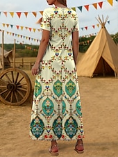 abordables Robes fleuries-Femmes Robe Midi Robe d&#039;Été Robe d&#039;été Vacances Occasionnel Boho Sortir Plage Coupe Ample Graphique Tribal Manche Courte Col en V Jaune Bleu Violet Été Printemps