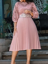 abordables Robes en dentelle blanche-Femmes Robe Midi Robe trapèze Robe Plissée Fête cocktail Robes semi-formelles Soirée Coupe régulière Couleur Unie manche longue Col montant Noir Blanche Rose Claire Été Printemps