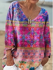 billige Blomstrete topper-Dame Bluse Blomstret Grafisk Geometrisk Stilfull Fritid Langermet 3/4 ermer V-hals Vanlige topper Daglig Blå Lilla Oransje Grønn Sommer Vår