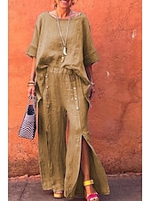 abordables Pantalon uni en coton et lin-Femmes Short en coton et lin Pantalon inspiré du lin Pantalon en coton et lin Mode Longueur complète Naturel Uni Taille Élastique Fendu Boucle Confortable Extérieur Extérieur Sortir Noir Blanche Vert
