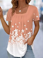 abordables T-shirt floral-Femmes T-shirt Fleuri Graphique ancien Élégant Classique Manche Courte Col carré Hauts Réguliers Quotidien Week-end Imprimé Noir Bleu Orange Vert Été