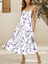 halpa Kukkaiset mekot-Naisten Maksimekko A linjainen mekko Kesämekko Slip Mekko Tyylikäs Loma Vapaa-aika Normaali Kukka Kuvitettu Hihaton V kaula-aukko Spagettiolkaimet Keltainen Rubiini Sininen Purppura Kesä Kevät