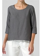 abordables Chemises-Femmes Chemisier Chemises en coton et lin Uni Basique Occasionnel Manche 3/4 Col ras du cou Hauts Réguliers Quotidien Fête Sortir Noir Blanche Rose Claire Vert Véronèse Gris Été