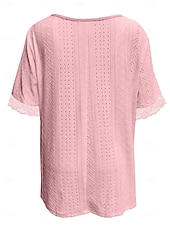 cheap Plain tee-Women's T Shirt Lace Embroidered Plain Elegant Fashion Modern Short Sleeve V Neck Regular Tops Daily Weekend Blue Pink Purple Summer Spring