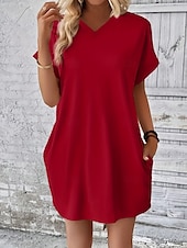 preiswerte Weißes Kleid-Damen Mini Kleid T-Shirt Kleid Tee Kleid einfarbig Sommer Kleid lässig täglich reguläre Passform Grafik Kurzarm V-Ausschnitt Schwarz Rot Olivgrün Aprikose Sommer