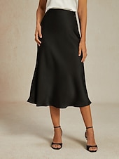 preiswerte Chiffon -Röcke-Damen Rock Elegant Mode Geschäftlich Midi Mittlere Hüfthöhe Röcke Einfach Chiffon Fließend Party-Abendmode Arbeitskleidung Schwarz Sommer Satin