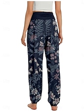 economico Pantaloni in cotone e lino con grafica-Per donna Pantaloni ispirati al lino Gamba larga Pantaloni Stile Etnico Casual Boho Lunghezza intera Vita Alta Floreale Foglia Tropicale Tasca Elastico in vita Stampa Traspirabilità Morbido