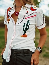 ieftine Topuri boho pentru femei-Cămașă pentru femei cu butoni bluză florală stilată western casual mânecă scurtă guler de cămașă topuri obișnuite pentru zi cu zi imprimeu alb vară
