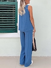 preiswerte Blusenanzüge für Damen-Damen Aktiv Basic Baumwoll-Leinen-Sets Bluse Hosen-Sets Ärmellos V Ausschnitt Einfarbig Täglich Alltagstauglich Wein Königsblau Beige Sommer Normale Passform