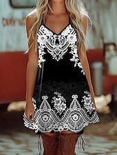 levne Boho šaty-Dámské Boho šaty Západní šaty Vintage mini šaty Sundress A-line šaty Slip šaty Off The Shoulder šaty Dovolená Neformální Boho Vycházkové Plážové Regular Fit Květnové Grafické Geometrické Bez rukávů V