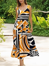 preiswerte Streifen- und geometrische Kleider-Damen Midikleid Freizeitkleid Sommerkleid A Linie Kleid Schulterfreies Kleid Urlaub Lässig Normale Passform Grafik Geometrisch Abstrakt Ärmellos U-Ausschnitt Rundausschnitt Gelb Blau Grün Sommer