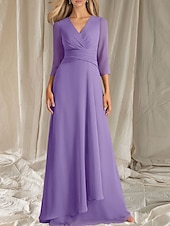 cheap Floor Length-A-Line Mother of the Bride Dress Wedding Guest Elegant V Neck Floor Length Chiffon 3/4 Length Sleeve with Tier Ruching 2025