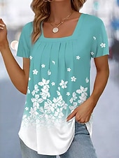 abordables T-shirt floral-Femmes T-shirt Fleuri Graphique ancien Élégant Classique Manche Courte Col carré Hauts Réguliers Quotidien Week-end Imprimé Noir Bleu Orange Vert Été