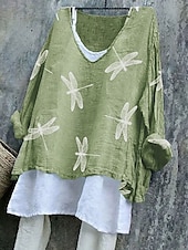 billige Dyr Topp-Dame Bluse Grafisk Dragonfly Stilfull Fritid 3/4 ermer V-hals Vanlige topper Daglig Rosa Blå Lilla Grønn Sommer Vår