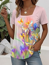 billige Blomster t-skjorte-Dame T skjorte Blomstret Grafisk Stilfull Fritid Kortermet Firkantet hals Vanlige topper Daglig Helg Trykt mønster Rosa Sommer Vår