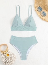 billiga Bikiniset-Kvinnors baddräkter bikini 2-delad tärnande baddräkt rygglös semester strandkläder randig V-hals ärmlös baddräkter