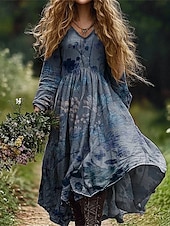 preiswerte Ausgefallene Kleider-Damen Langes Kleid Maxikleid Freizeitkleid Boho-Kleid Elegant Mode Romantisch Outdoor Urlaub Ferien Normale Passform Blume Langarm V Ausschnitt Blau Sommer Frühling