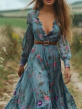 preiswerte Ausgefallene Kleider-Damen Langes Kleid Maxikleid Blumenkleid Boho-Kleid Westernkleid Elegant Mode Modern Outdoor Urlaub Täglich Normale Passform Blume Langarm V Ausschnitt Blau Sommer