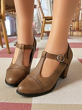 voordelige Mary Jane Pumps-Crèmekleurige Mary Jane pumps met T-bandjes en brogue-details voor dames – schoenen met hak in vintage stijl uit de jaren 30 voor feesten, bruiloften en retro-outfits