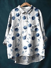 billige Blomstrete topper-Dame Skjorte Blomstret Elegant Bohem Stilfull Langermet Crew-hals Vanlige topper Daglig Ferie Strand Klær Knapper Trykt mønster Blå Fuksia Grønn Beige Lyseblå Sommer Vår