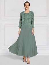 preiswerte Mit Jacke-Zweiteilig Kleid-Sets Brautmutterkleid Hochzeitsgast Kirche Elegant Rundhalsausschnitt Knöchellänge Chiffon Langarm mit Spitze Stickerei 2025