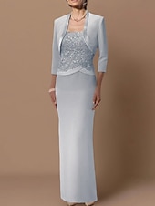 abordables Ensembles de robes pour maman-Robe fourreau mère de la mariée invitée de mariage élégante grande taille encolure droite longueur au sol en chiffon satin dentelle sans manches robes à courte veste avec ceinture  appliques en ruban