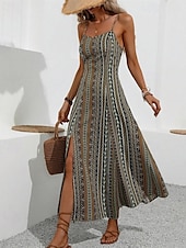 abordables Robe Boho-Femmes Robe Midi Robe Décontractée Robe d&#039;été Robe Nuisette Robe bohème Élégant Mode Moderne Quotidien Plage Week-end Coupe régulière Rayé Sans manches Col en V Rouge Vert Été