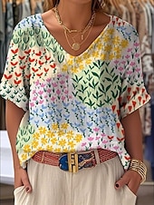 billige Boho t-skjorte-Dame T skjorte Grafisk Geometrisk Fargeblokk Bohem Årgang Tropisk Kortermet V-hals Vanlige topper Daglig Helg Trykt mønster Gul Oransje Sommer Vår