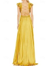 baratos Rosa-Vestido rosa choque, corte A, vestido de noite, vestido plissado, formal, casamento, comprimento até o chão, sem mangas, decote profundo, cetim com babados, 2025