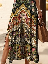 abordables Robes Boho-Femmes Robe Midi Robe d&#039;Été Robe trapèze Robe d&#039;été Vacances Occasionnel Coupe Ample Fleuri Graphique Vintage Manche Courte Col en V Jaune Rouge Bleu Violet Été Printemps Automne