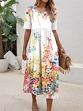 cheap Floral Dress-Women&#039;s Midi Dress Sundress Summer Dress Vacation Casual Beach Daily Holiday Regular Fit Floral Graphic Half Sleeve Crew Neck White Summer