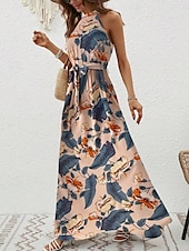 billiga Boho klänningar-Dam Maxiklänning A linjeklänning Off Shoulder Klänning Semester Ledigt Boho Utomhus Utekväll Normal Grafisk Paisley Ärmlös Halterneck Blå Purpur Brun Aprikos Sommar