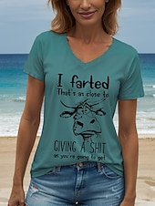 preiswerte Humor &amp; Zitate T-Shirt-Damen T Shirt Grafik Tiermotiv Kuh Vintage Stilvoll Klassisch Kurzarm V Ausschnitt Normale Oberteile Täglich Ausgehen Wochenende Druck Schwarz Weiß Gelb Grün Hellgrau Sommer Frühling