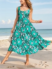 preiswerte Blumenkleider-Damen Midikleid Sommerkleid A Linie Kleid Schulterfreies Kleid Urlaub Lässig Formpassend Blumen Grafik Ärmellos U-Ausschnitt Rundausschnitt Gelb Rote Blau Purpur Sommer