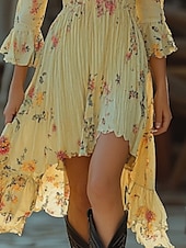 ieftine Rochii Boho-Pentru femei Rochie Mini Rochie florala Rochie Boho Rochie occidentală Clasic În aer liber Vacanță Ieșire Fit regulat Floare Manșon Lung În V Galben Deschis Vară