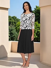 preiswerte Teelänge-Florale Paspel Brautmutterkleid Elegant Vintage Einfach Rundhalsausschnitt Tee-Länge Chiffon 3/4-Langarm