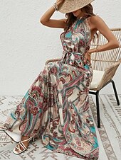 billiga Boho klänningar-Dam Maxiklänning A linjeklänning Off Shoulder Klänning Semester Ledigt Boho Utomhus Utekväll Normal Grafisk Paisley Ärmlös Halterneck Blå Purpur Brun Aprikos Sommar
