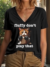 billige Humor og sitater t-skjorte-Dame T skjorte Grafisk Katt Stilfull Klassisk Fritid Kortermet V-hals Vanlige topper Daglig Trykt mønster Svart Rosa Blå Sommer Vår