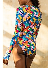 billiga One-piece-baddräkter-Dam Badkläder En bit Baddräkt Dragkedja Tropisk Standkläder Blomma Rund hals Ärmlös Baddräkter