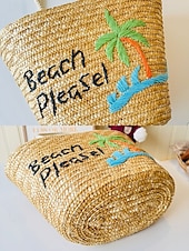 abordables Cabas et fourre-tout-Sac fourre-tout en paille brodé marguerite pour femme - sac fourre-tout de plage d&#039;été avec motif floral, cocotier, citron, style bohème décontracté, adapté aux vacances et à un usage quotidien