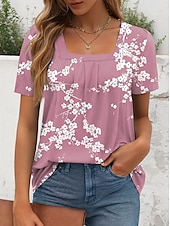 abordables T-shirt floral-Femmes T-shirt Fleuri Graphique Élégant Classique Occasionnel Manche Courte Col carré Hauts Réguliers Quotidien Week-end Imprimé Rose Claire Bleu Vert Été