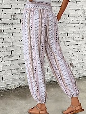 preiswerte weites Bein und hohe Taille-Damen Jogginghose Hosen Hose Urlaub Boho Volle Länge Mittlere Taille Geometrisch Elastischer Bund Atmungsaktiv Bequem Mikroelastisch Straße Alltagskleidung Ausgehen Dunkelbraun Weiß Rot Dunkelgrün