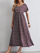 tanie Sukienka w paski i geometryczna-Damskie Sukienka maxi Sukienka A line Letnie sukienki Codzienny Codzienny Regularny Graficzny Geometryczny Krótki rękaw W serek Czarny Wino Czerwony Zielony Lato